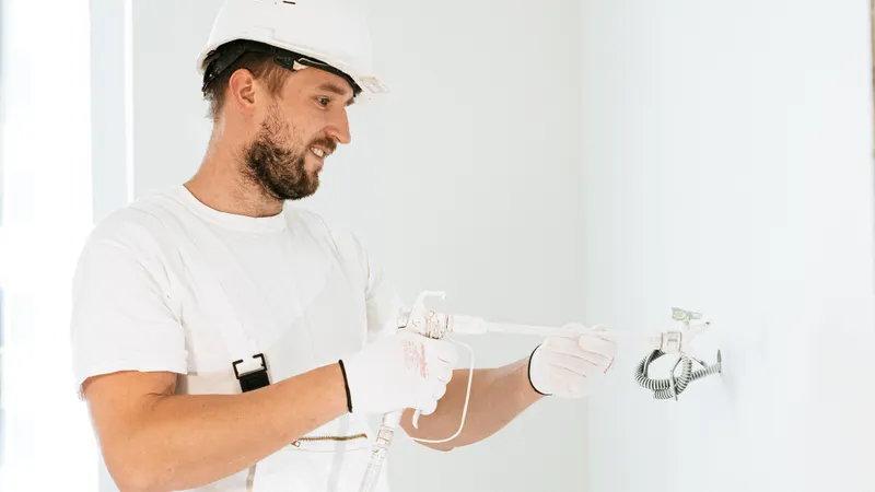 Električar montira utičnicu na dovršeni zid